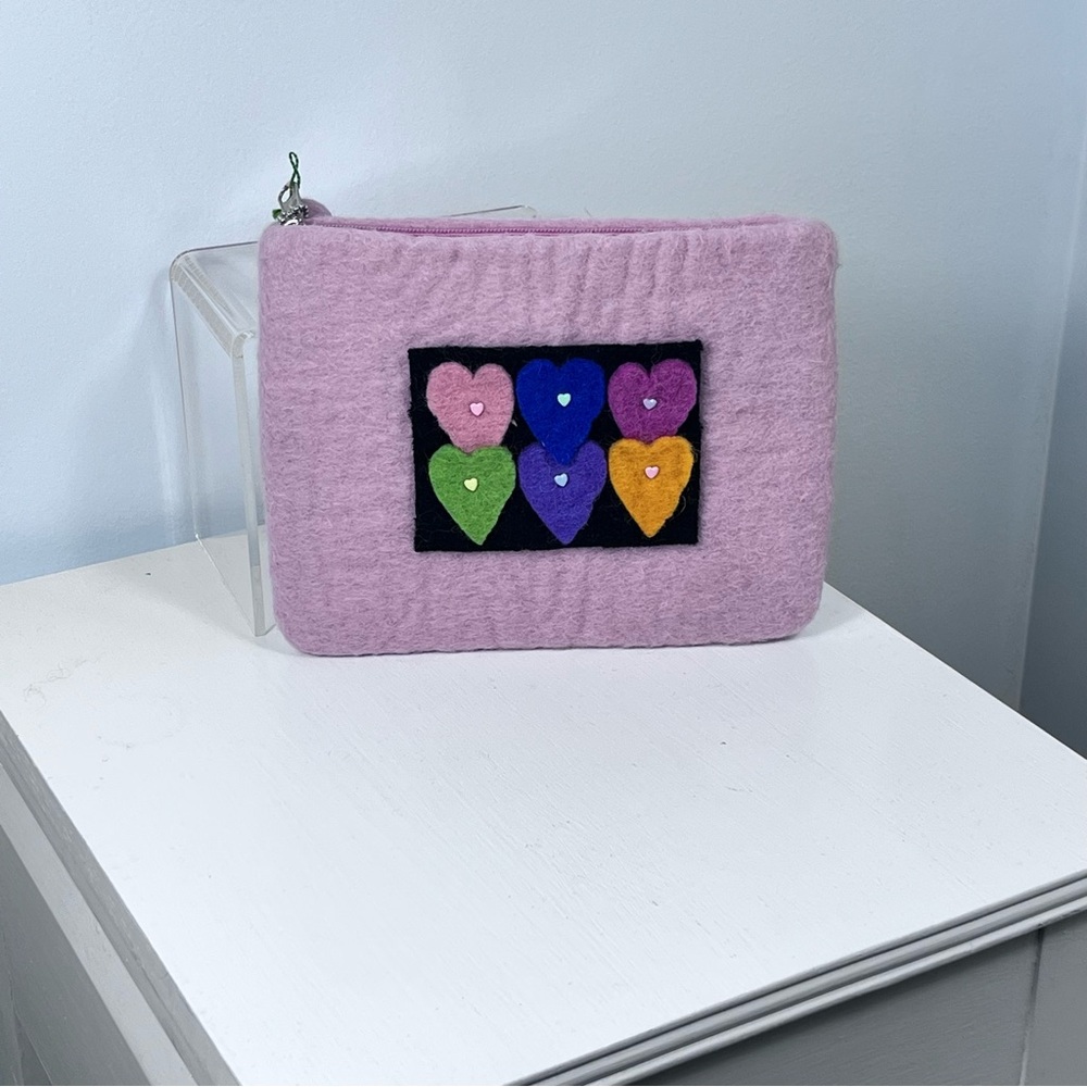 Pink Soft Wool Pouch With Felt Heart Patchwork Design.